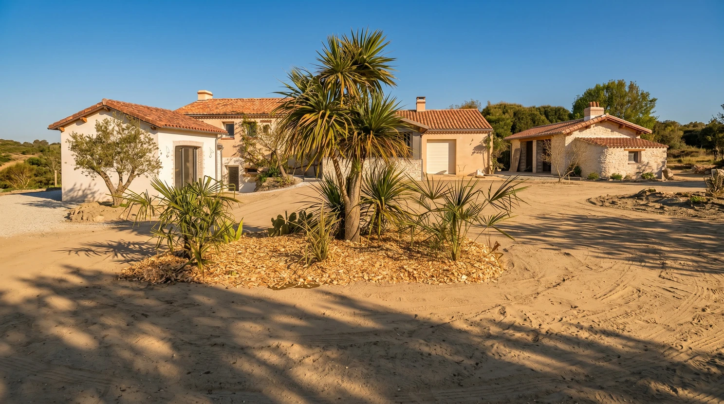 Jardin paysager avec pelouse parfaitement entretenue aux rayures de tonte géométriques